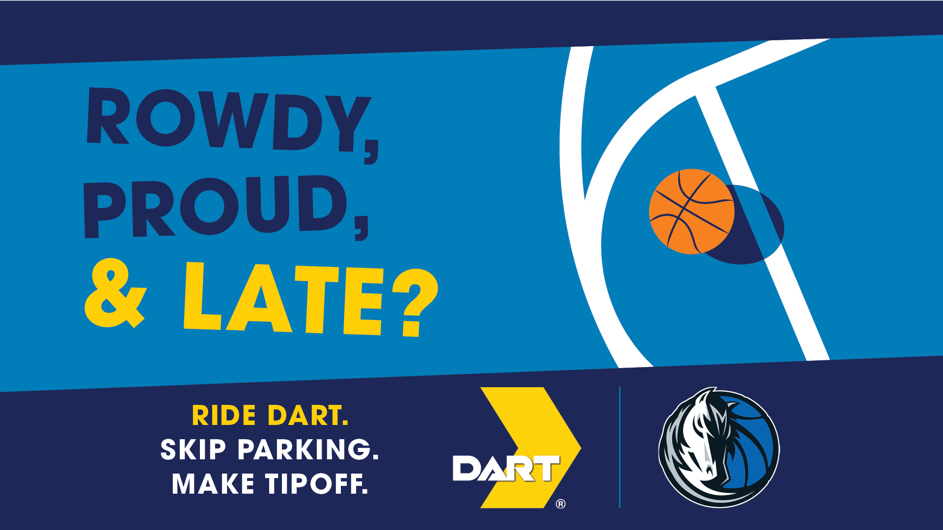 Graphic with DART & Dallas Mavericks logo on blue background.